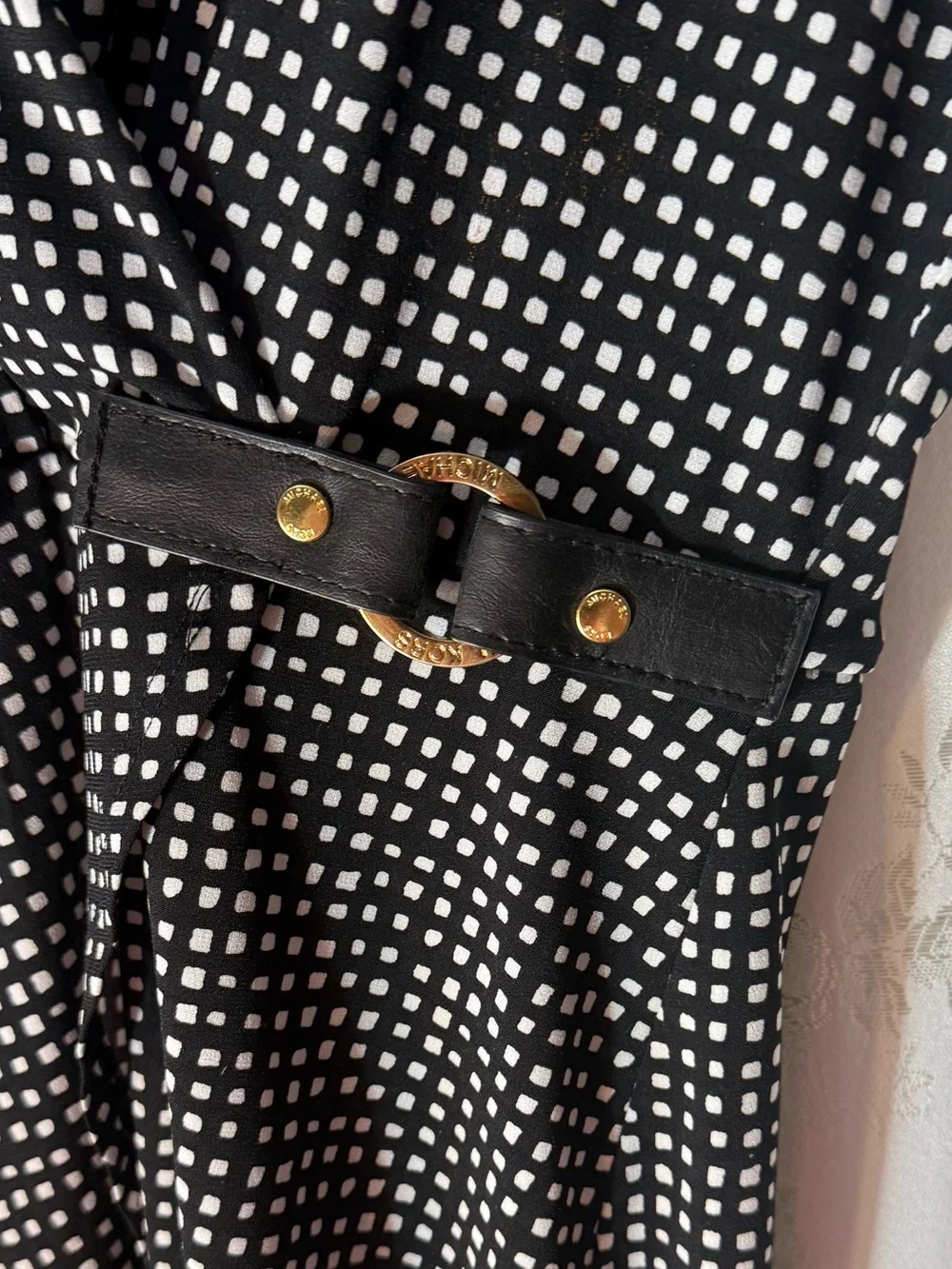 Michael Kors Black and White Checker Midi Wrap Dress